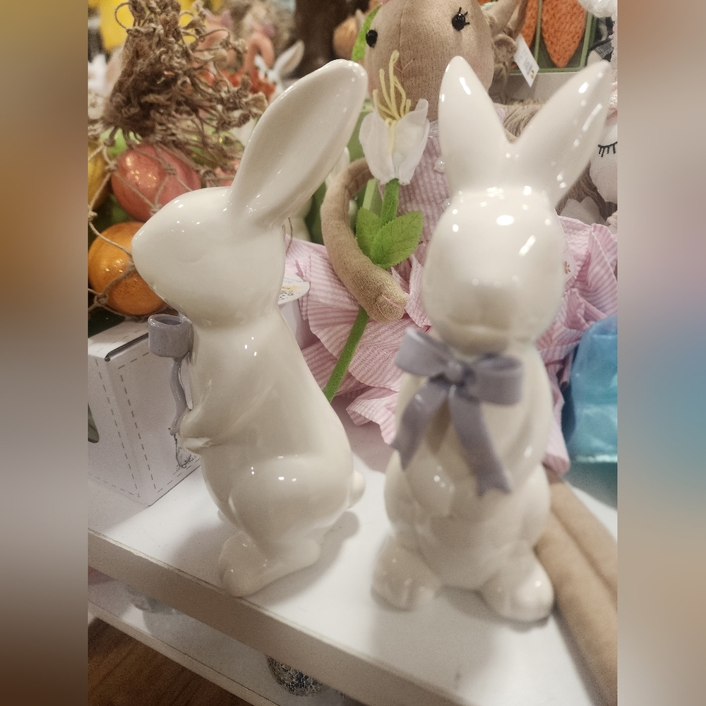 Ceramic Bunny Figurines with Bows - Picture 2 of 3